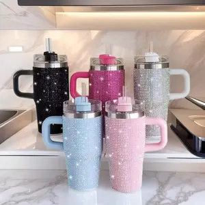 14oz Sturdy Rhinestone Double-Wall Vacuum Insulated Stainless Steel Tumbler, Portable Lightweight Leak-Proof Travel Coffee Mug with Handle, Straw, Lid, Hot-Cold Reusable Car Interior Stowing Water Bottle (US Stock, Party Gift)