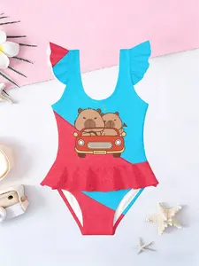 Kapibara Pattern Girls' Jumpsuit Swimsuit, Cute Cartoon Print, Ruffled Quick-Dry Kids Swimwear, Beach Vacation Swim Suit, Fashion Swimwear
