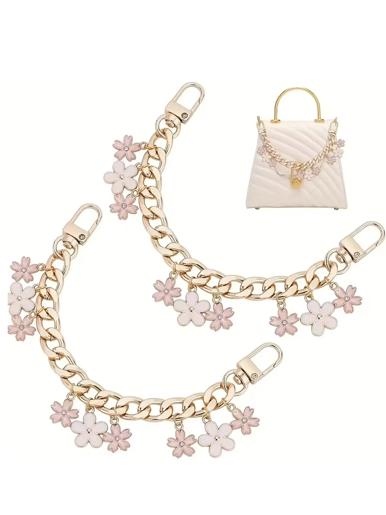 Cherry Blossom Metal Chain Charm, Double-Buckle Chain With Pink And White Flower Pendant, Suitable For Bags And Clothing Accessories, For Young Girls' Commuting And Dating, Bag Charms, Girly Purse Accessories, Cute Purse Charms