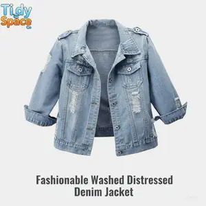 Women's 3/4 sleeve washed denim jacket with pleats, shallow cut denim jacket, casual women's black Friday spring statementRAIMENTRY
