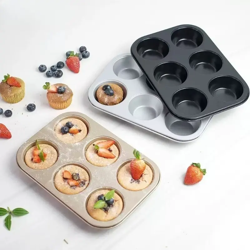 Multifunctional Non-Stick Baking Pan, Round 6-Hole Cake Tray, Flat Bottom Muffin Cupcake Tray, Durable Reusable Design, Easy Cleaning, Nonstick Cupcake Pans, Bakeware, Baking Tools, Home Baking Supplies
