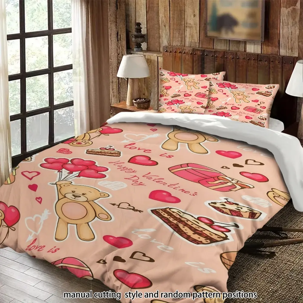 Valentine's Day teddy bear heart cake pattern 3-piece comforter set, bedding set, suitable as a gift.