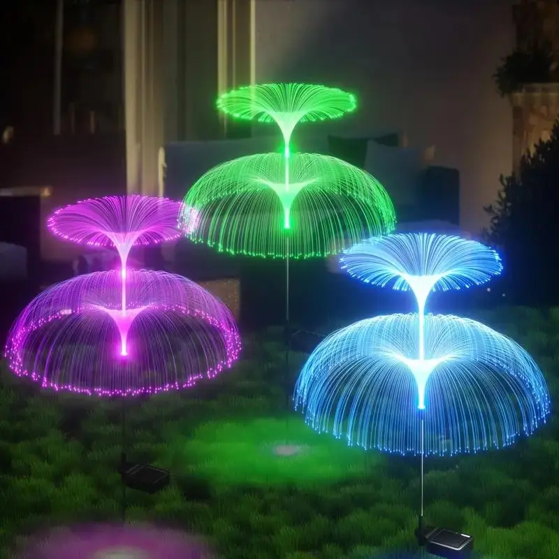2 solar courtyard lights, double-layer jellyfish solar outdoor garden light strip with 7-color transformation decoration for landscape path terrace fiber lights