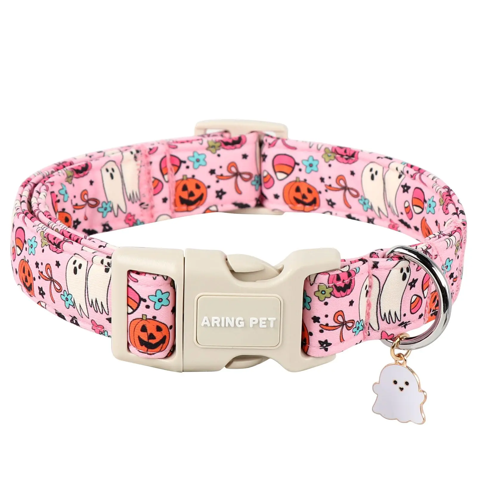 ARING PET Halloween Dog Collar – Cute Pink Pumpkin Ghost Flower Bowtie Collar with Quick-Release Buckle, for Small Medium Large Girl Boy Dogs (XS)