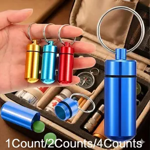 Mini Waterproof Refillable Keychain for Bags Pill Case, Portable Metal Capsule Holder for Outdoor Travel Essentials, Camping Hiking EDC Emergency Kit with Carabiner, Compact Storage Container