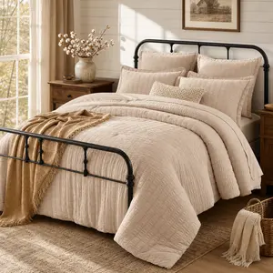 MUXHOMO Queen Comforter Set Ivory Seersucker 7 Pieces Bed in a Bag Queen Comforter Set with Sheets, Luxury Soft Bedding Sets with Down Alternative Comforter, Sheets, Pillowcases & Shams for All Season