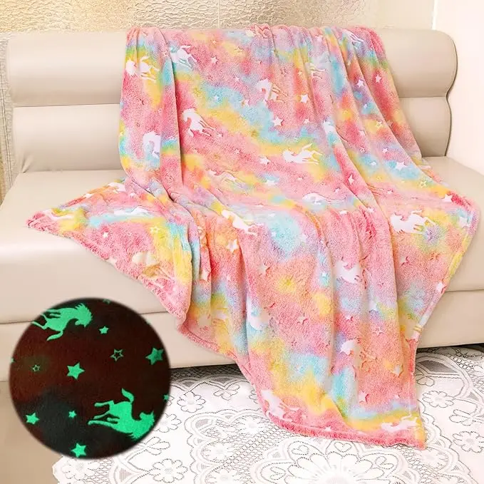 Glow in the Dark Blanket 50"x60" Magic Plush Throw for Kids Adults Halloween Ghost Bat & Pastel Unicorn Rainbow Cozy Blankets Gift