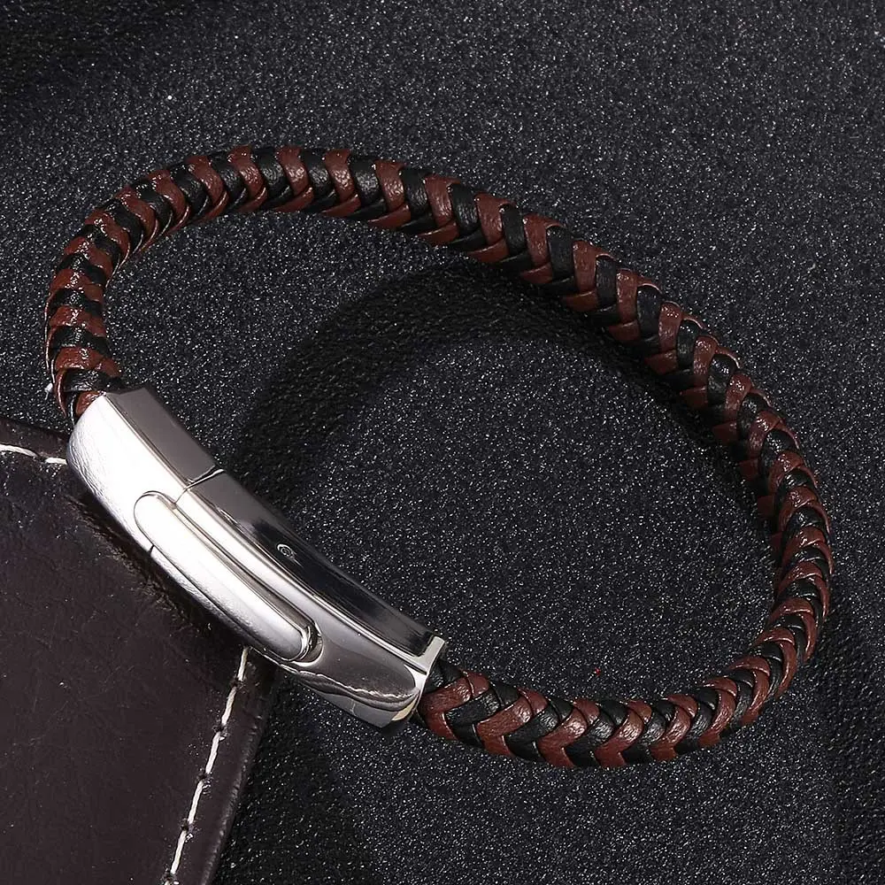 Simple Classic Men Handmade Coffee Black Leather Braided Rope Man High Quality Stainless Steel Button Jewelry