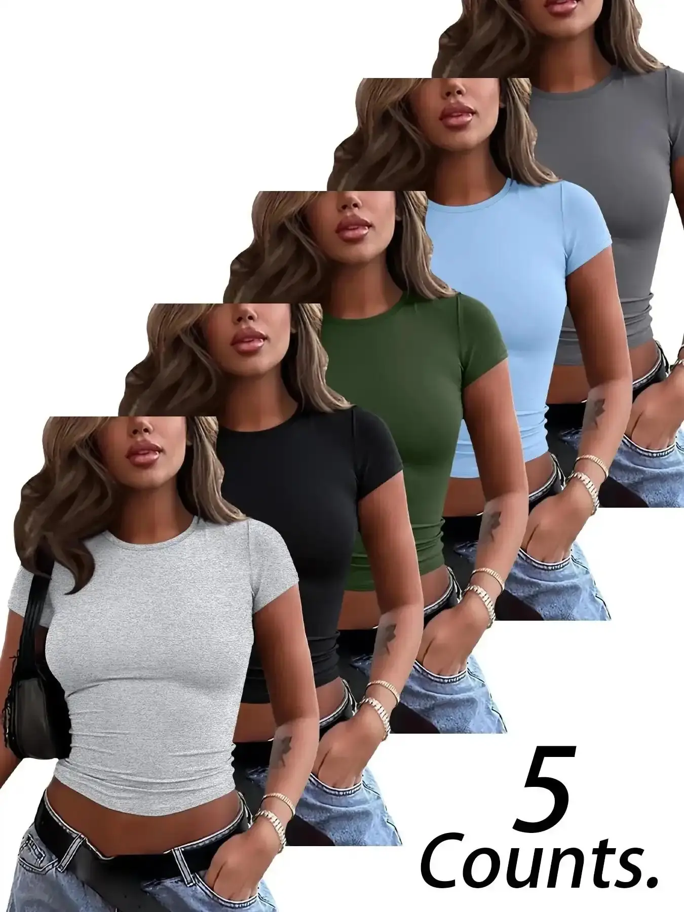 Classic 3 Pieces / 5 Women's Cropped T-Shirt, Solid Color Plain Round Neck Short-Sleeve Tops, Breathable Thin Casual Daily Wear, effortless layering, chic everyday, refined casual