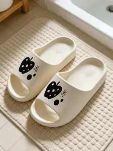 1 Pair Beige Minimalist Strawberry Pattern Slides Niche Fresh Style Solve Summer Sweaty Feet Bathroom Slipping And Foot Fatigue Problems Anti-slip Quick-drying Wear-resistant Soft EVA Thick Sole Unisex Slippers For Daily Home Wear