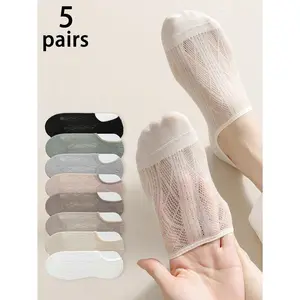 5 Pairs Women's Casual Minimalist Mesh Boat Socks, Thin Anti-Slip Breathable Invisible Socks Suitable For Daily Wear, Summer Christmas Gift