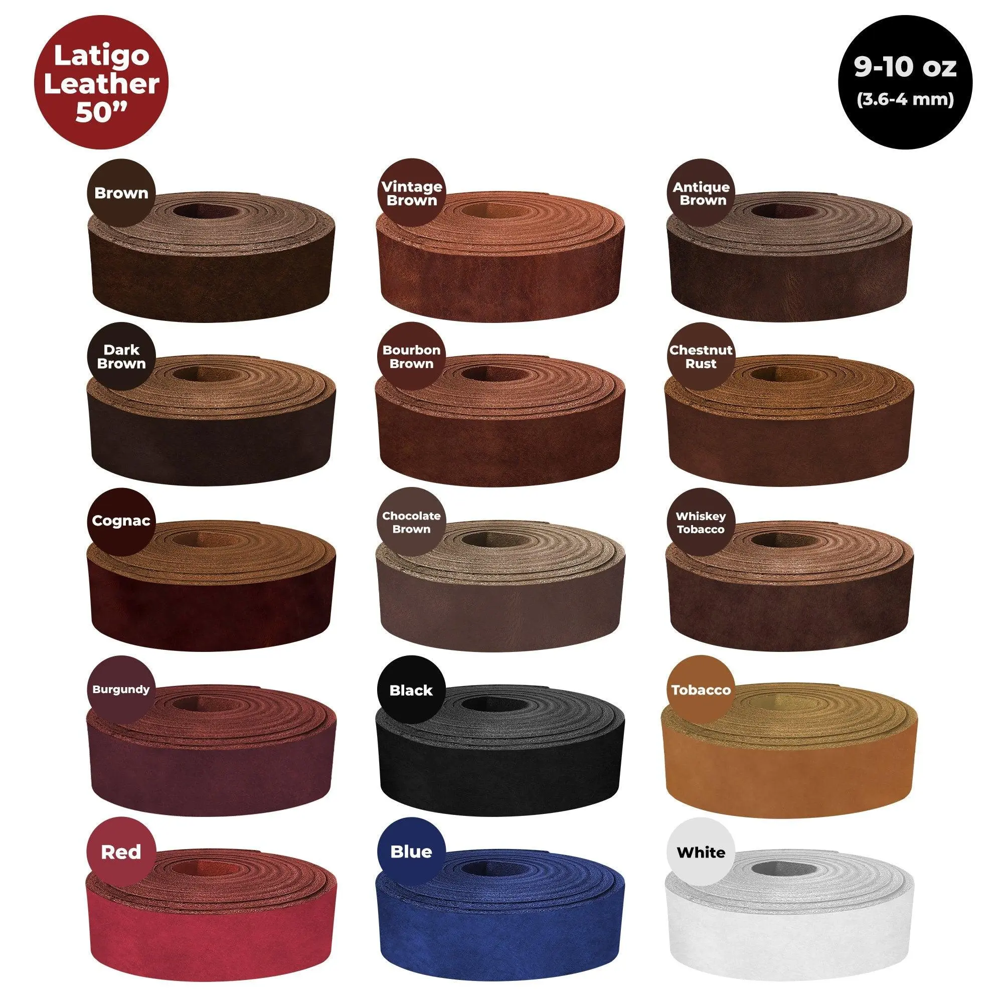 ELW 9-10 oz (3.6-4mm) Latigo Leather Straps Belt Grade 50" Cowhide Strips Heavy Duty Holsters, Sheathes, Harness, Saddle, Armor, Collars