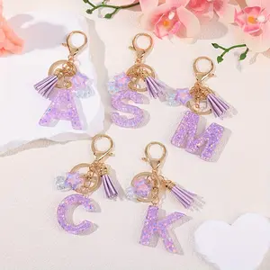 Single Piece Alphabet Letter Keychain with Creative Design, Star and Tassel Charms, Resin Ladies Key Ring with Lobster Clasp, Sequin and Imitation Crystal Pendant, Decorative Fashion Accessory, with for Valentine'S Day and School Season Gift
