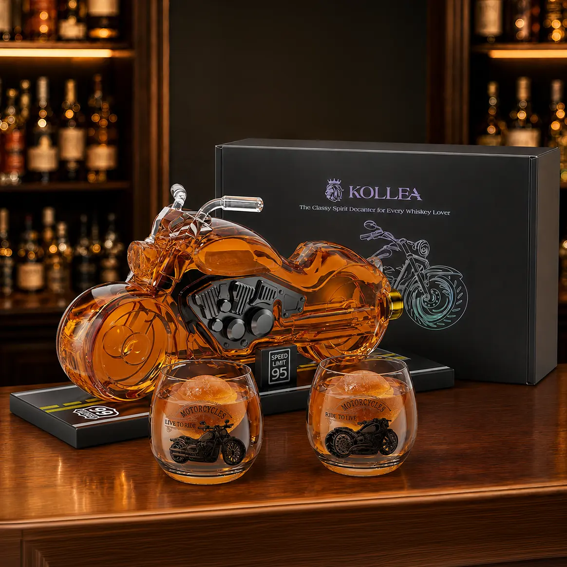 Kollea Motorcycle Whiskey Decanter Set with Luxury Gift Box,Man Cave Bar Accessories,2 Matching Glasses,Home Bar Liquor Dispenser,Gifts for Father,Boyfriend,Birthday&New Year&Anniversary,Biker Lovers,Empty Decanter,No Alcohol Included,sohochic