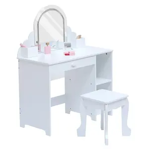 GARVEE Children's Vanity Desk with Mirror and Lights, Princess Makeup Vanity Table with Stool, Drawer, Open Storage Shelves & Cubbies, Toddler Wood Dressing Table Available in Pink, Purple, or White