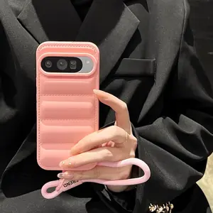 Phone Case For Google Pixel 7 7A 8 9A 9 10 Pro Down Jacket Lanyard Wrist Strap Phone Case