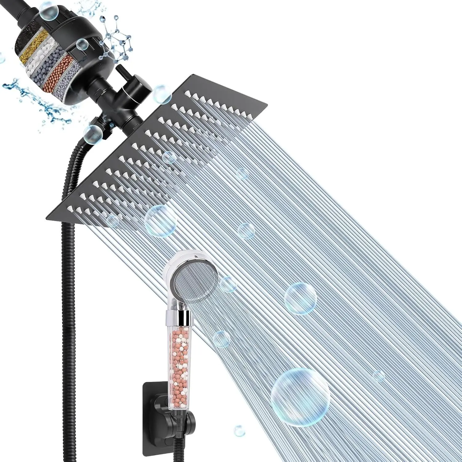 Filter Shower , High  8 Inch Rainfull with Filter Combo for Hard Water, Remove Chlorine Fluoride and Harmful Substances- 1 Replaceable Filter  (Square, Matte Black)