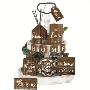 Wooden Home Tiered Tray Decor Set without Tray, 1 Set Rustic Farmhouse Sweet Home Wood Sign, Vintage Tiered Tray Decor for Home Table Shelf Holiday, Ornaments