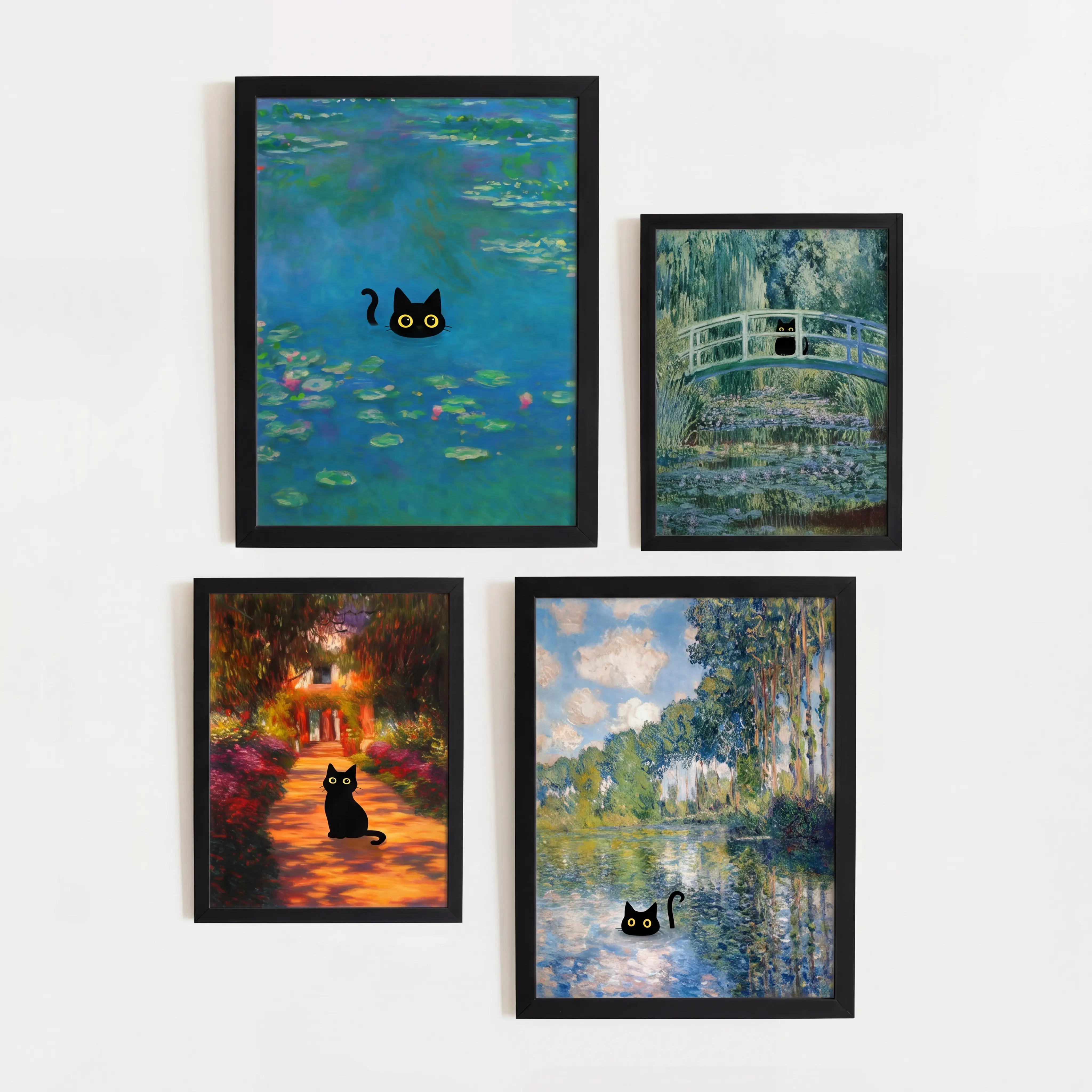 Cat Wall Art Monet Prints Vintage Wall Art Funny Cat in Water Lilies Posters for Room Bedroom Living Room Bathroom Wall Decor