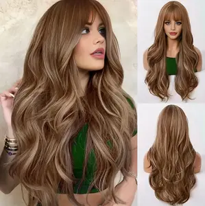30 Inch Brown HighlightHigh Blonde Bob Synthetic Wig With Bangs For Women Body Wave Synthetic Hair Wig Synthetic Fiber Hair Replacement Wig For Daily Party