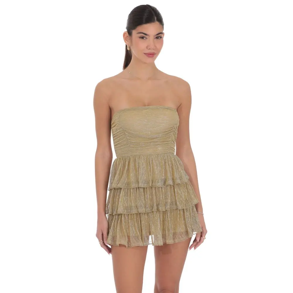 Shimmer Pleated Ruffle Dress in Gold