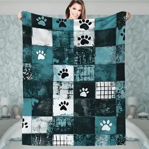 Turquoise & Black Paw Print Plush Flannel Blanket - All-Season Soft Dog Pet Bedspread with Teal/White/Gray Paw Prints, Cozy Bedding Gift for Pets, Home, Travel & Dog Owners