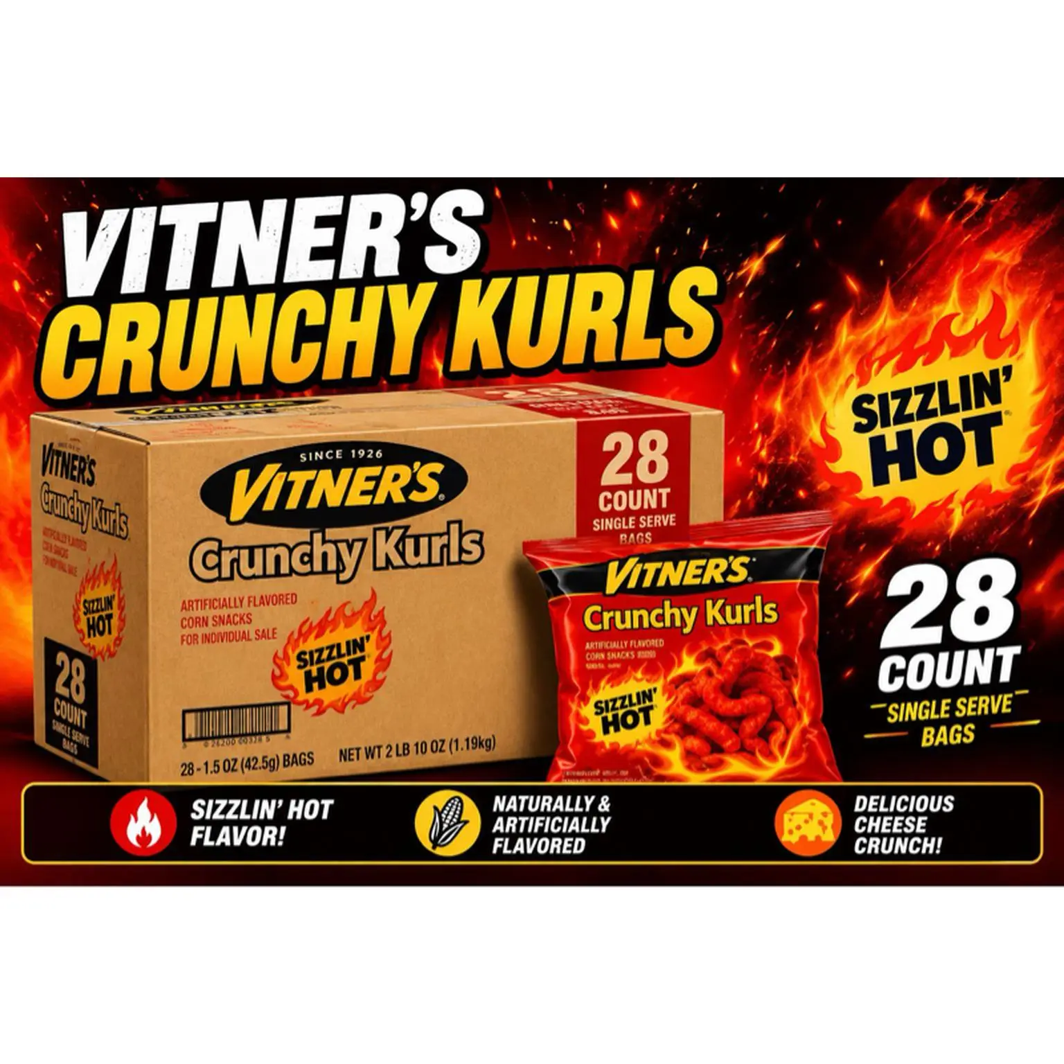 Vitner's Crunchy Kurls 28ct Sizzlin' Hot Flavor Artificially & Naturally Flavored Cheese Crunch Snacks