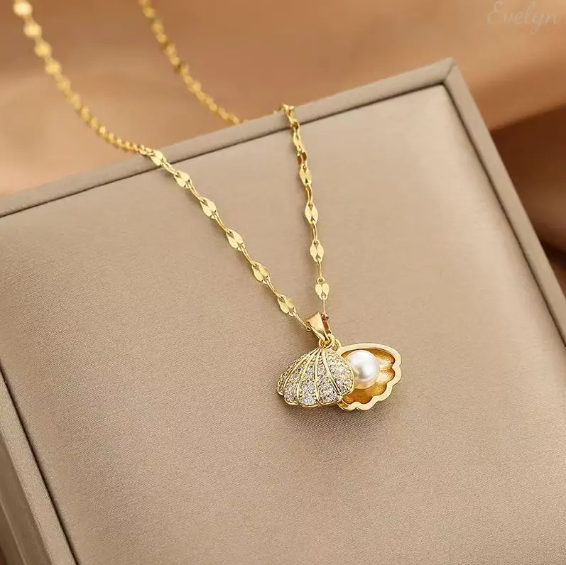Shell & Pearl Pendant Necklace for Women Adjustable Open Shell Chain, Gold or Silver Tone with Cubic Zirconia Accent - Lightweight Everyday Beach and Summer Jewelry Gift