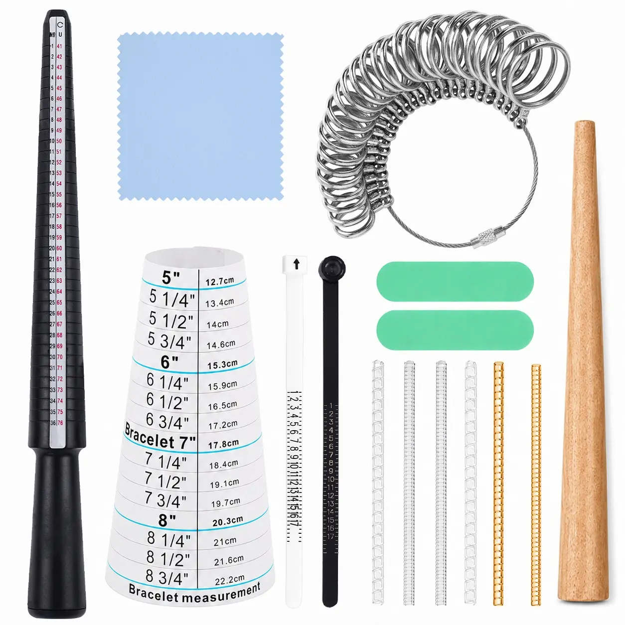Ring & Bracelet Sizing Tool Kit with Ring Mandrel, Metal Ring Gauge, Bracelet Sizer, Finger Sizer Belts, Wooden Mandrel & Ring Adjusters