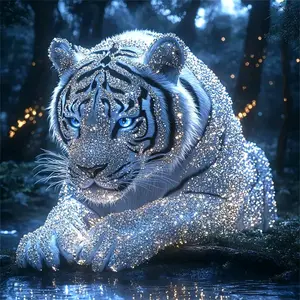 Glitter white tiger with blue eyes in forest and firefly stream wall art, Diamond Painting Kits, multiple sizes available, 5D DIY diamond painting kit handmade birthday gift
