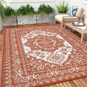GARVEE Outdoor Rug Waterproof 10x14 Reversible Patio Rug, Extra Large Vintage Medallion RV Camping Carpet, Indoor Outdoor Plastic Straw Mat for Deck Picnic Beach Garden, Brick Red/White