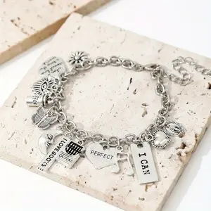 Vintage Alloy Chain Bracelet with Coffee Cup Moon Butterfly Heart Pendant Inspirational "I Can" Quote White K Plated Durable Jewelry Couple Gift for Women Daily & Holiday Style