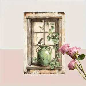 Vintage Inspired Greenery Window Sign Rustic Iron Wall Art Featuring Bird and Floral Design Ideal for Home Cafe or Garden Decorations