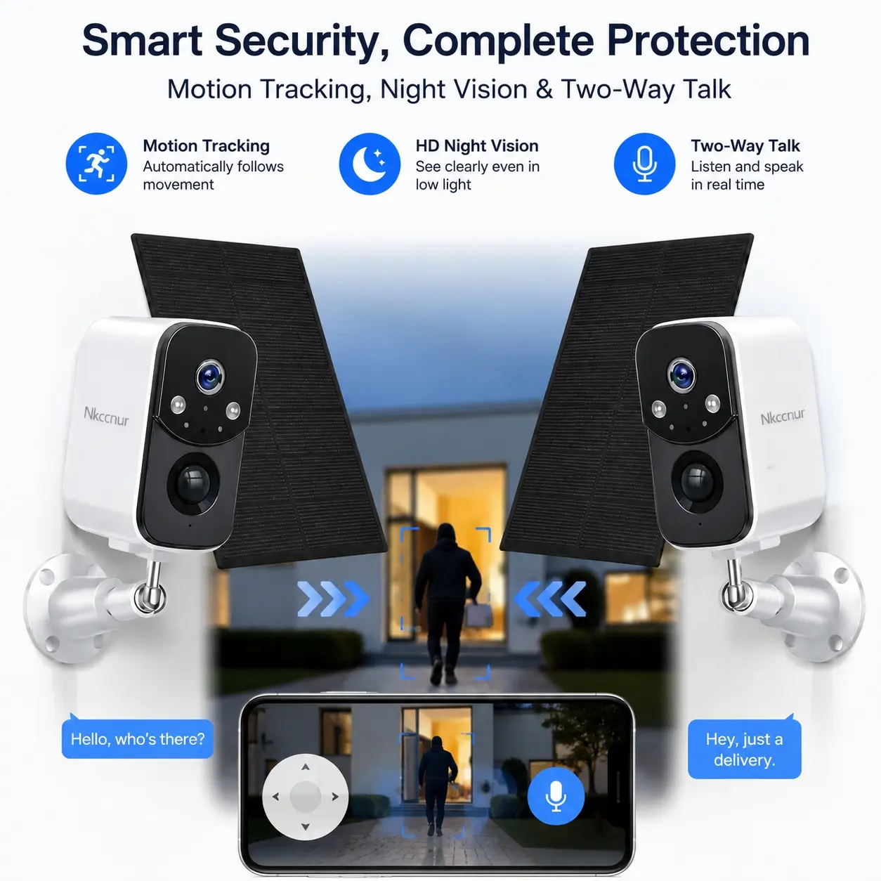 NKCCNUR 2pcs Outdoor Solar Camera, 1440P HD Night Vision, IP66 Waterproof, Two-Way Audio, Smart Motion Detection, Encrypted Cloud Storag