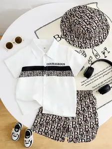 Boys' Summer Fashion Set, 3-Color Patchwork Short Sleeve Shirt, Lightweight Breathable Shorts, Sun Hat, 3-Piece