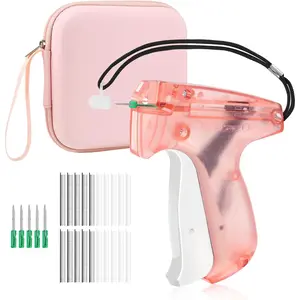Gun for Clothes Mini, Sewing Gun Quick Clothing Fixer, Stapler, Hemming Tool Includes 1000 Black & 1000 White & 5 Needles & 1 EVA Zipper Bag, Pink