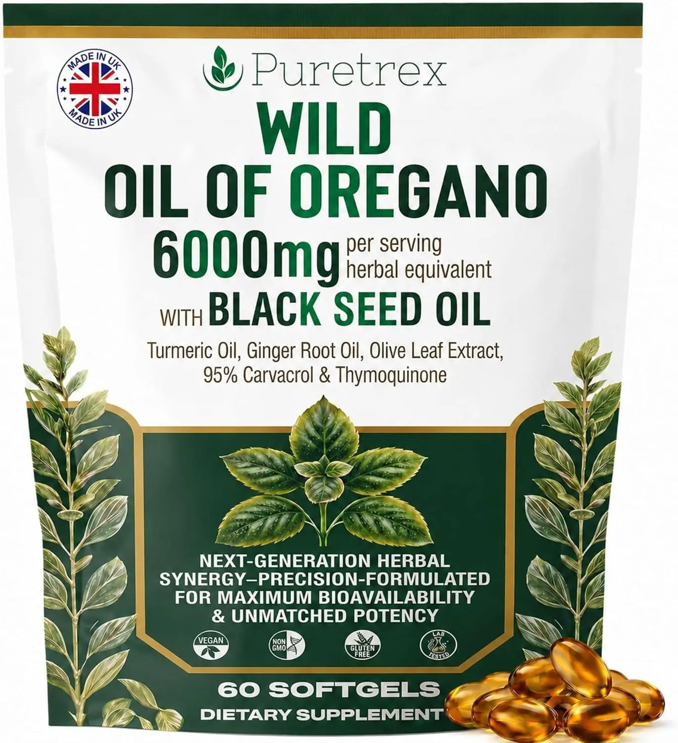Wild Oil of Oregano 6000mg with Black Seed Oil – 95% Carvacrol & Thymoquinone for Immune Support, Gut & Respiratory Health | Vegan, Non-GMO | 60 Softgels
