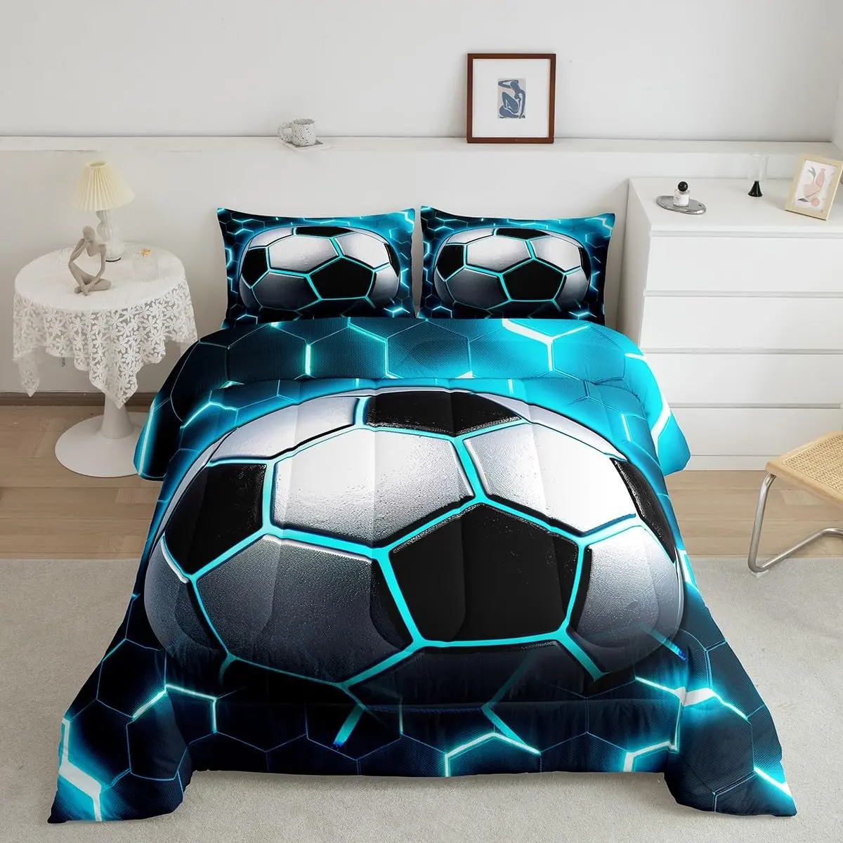 Feelyou Boys' Football Printed Bedding Set - Soft Quilted Microfiber Comforter, Blue Glow-in-the-Dark Duvet Insert, Skin-Friendly Lightweight Breathable Blanket for RV Use
