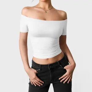 Fisoew Sports  2026 Summer Spring Women's Off-Shoulder Y2K Yoga Short-Sleeve T-shirt, High Elasticity, Solid Color, Slim Fit Basic Style, suitable for home, parties, commuting, travel, Gym Yoga Tops Gym Exercise Activewear Athletic Top