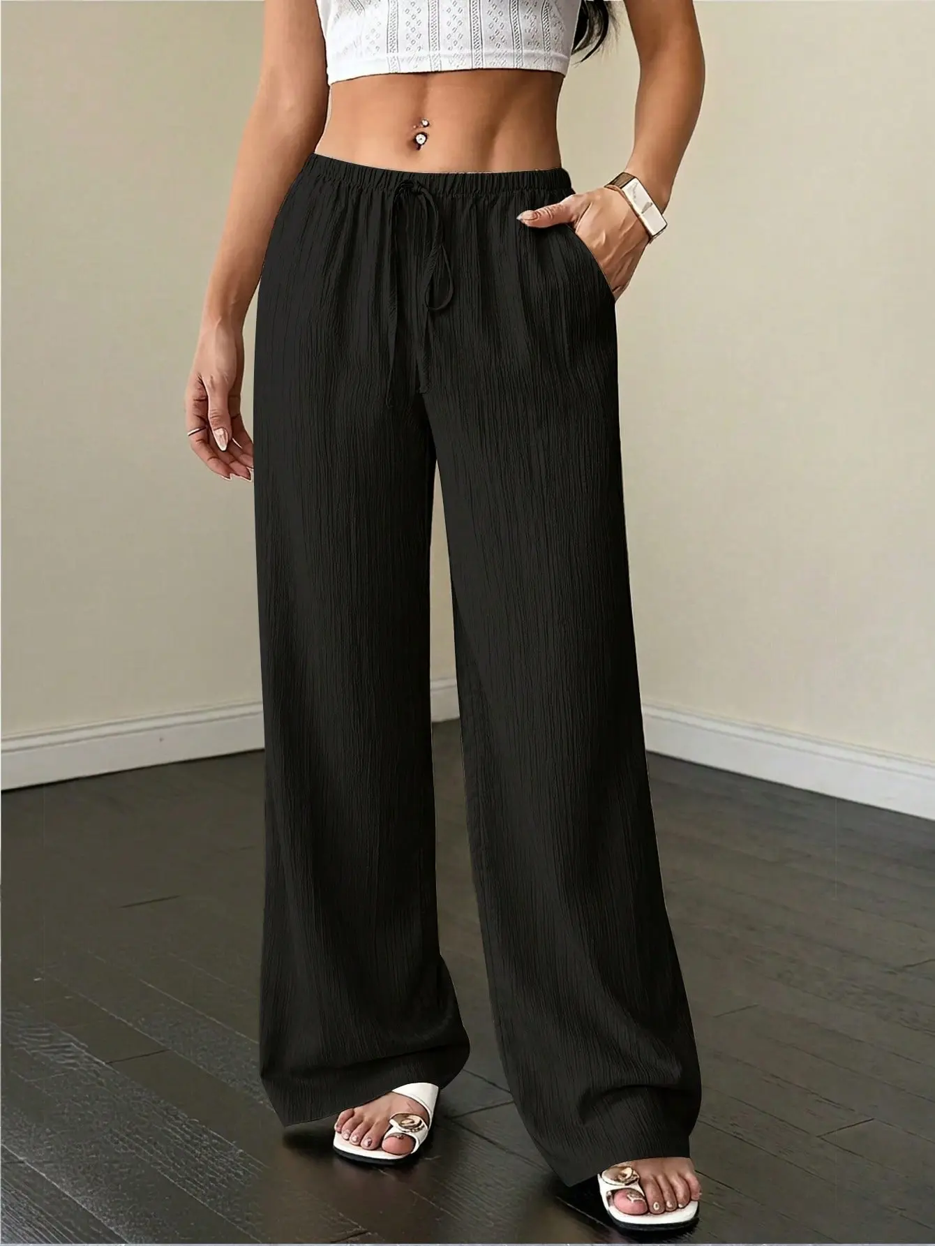 Petite Women's Wide Leg Pants, Solid Color Drawstring Waist Trousers With Pockets, Loose Fit Casual Fall Pants, Comfortable Everyday Petite Clothing