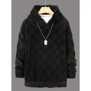 Men's Fleece Hoodie, Quilted Square Pattern & Sherpa Lining, Oversized Fit for Winter Casual, Lounge Wear and Outdoor Activities – Soft Plush Fabric, Adjustable Drawstring Hood, Must-Have for Fashionable Men Seeking Warm Comfort in Cold Season.