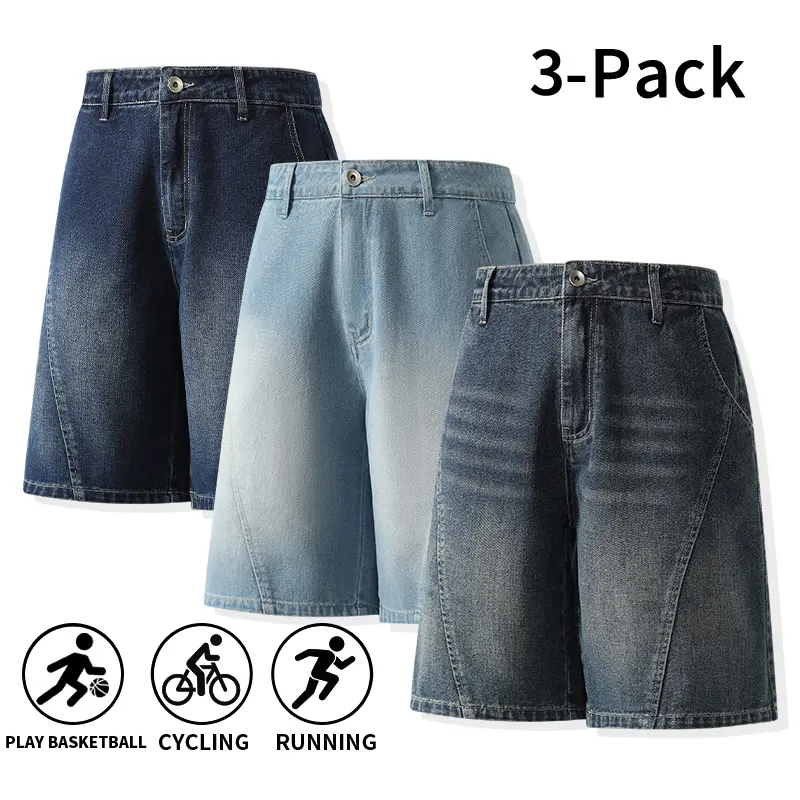 Men’s classic basic light blue washed loose straight denim shorts, casual streetwear, versatile and comfortable, menswear. Non stretch denim shorts with a regular straight fit. If you prefer a looser fit, please order one size up.(3 or 2 Pack Choices)