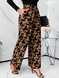 Women's Casual Loose Fit Printed Wide Leg Pants, Drawstring and Elastic Waist, Side Pockets, High Waisted, Long Regular Length, Casual Fashion Pants