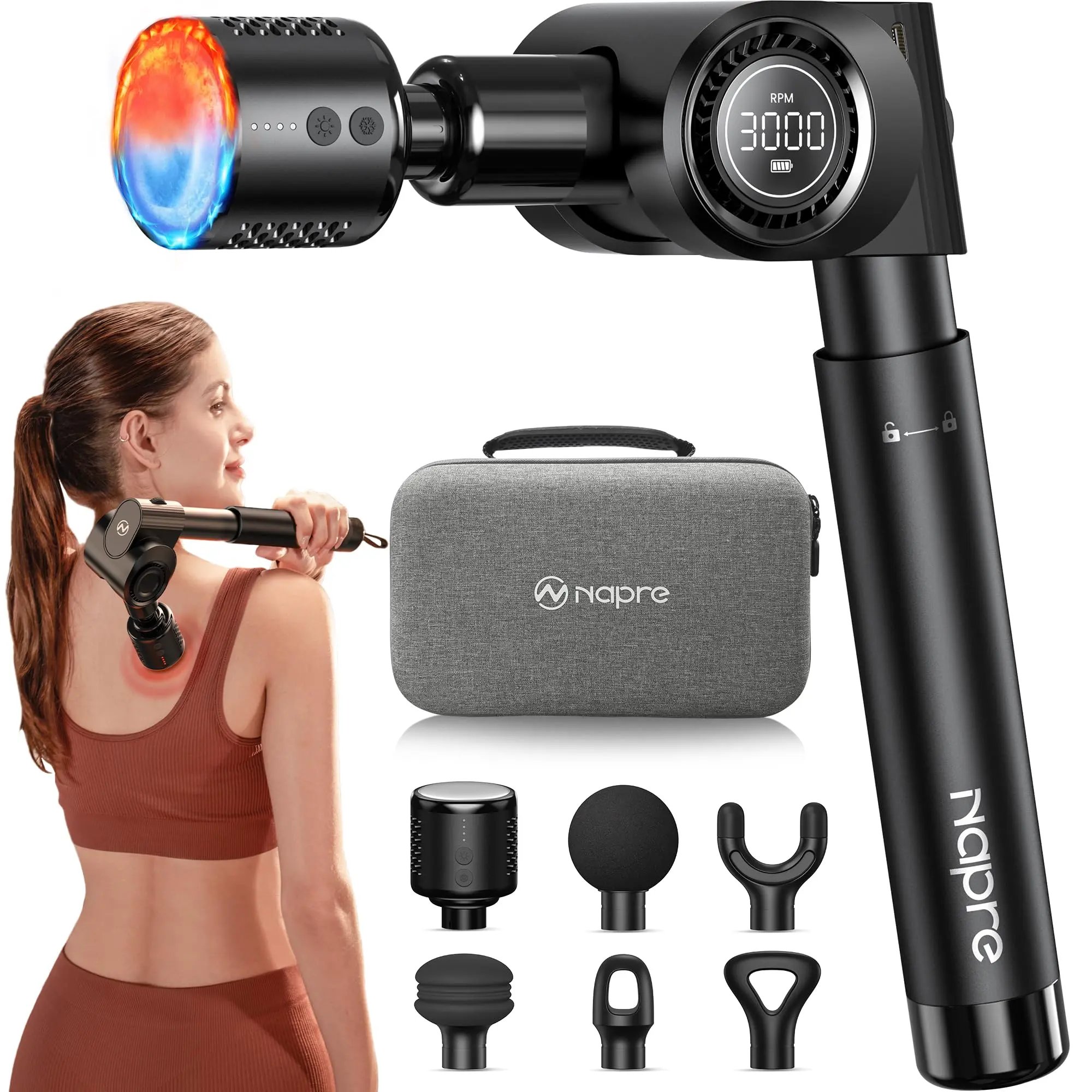 NAPRE Massage Gun with Heat and Cold Head,Deep Tissue Percussion Back Massager for Muscle/Neck/Body Pain Relief with Long Extension Retractable Handle,32-Speeds,Foldable with 5 Adjustable Angles, Perfect Gift, Summerwins