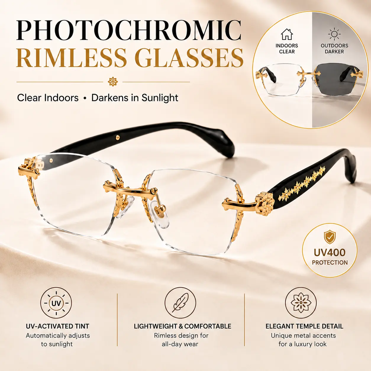 Unisex Metal Rimless Photochromic Non-Prescription Eyewear - UV400 Sun Protection, Blue Light Blocking, Lightweight Frames for Daily Wear, Street Style Outfits, Parties & Night Outings