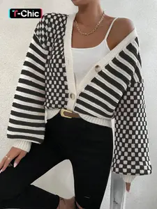 Winter Retro Checkerboard Colorful Striped Knitted Button Tops Spring Loose Casual V-neck Bottoming Cardigan Woman Sweaters