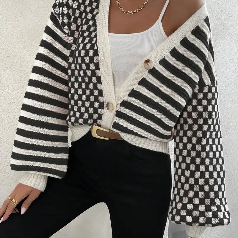 Winter Retro Checkerboard Colorful Striped Knitted Button Tops Spring Loose Casual V-neck Bottoming Drop Shoulder Cardigan Woman Sweaters Knitwear Sleeves Knitting