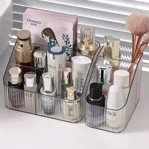 The PTE transparent and spacious makeup brush storage box features multiple compartments for organizing makeup brushes. It comes in a vintage striped design and is suitable for use as a decorative item on makeup tables, bathroom countertops, desk storage