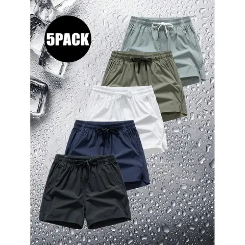 Men’s 5-Pack 5" Quick-Drying Stretchy Elastic Polyester Shorts - Casual Athletic Active Running Fitness Jogging Workout Bottoms with Zippered Pocket, Breathable Father's Day Gifts