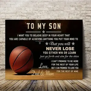 1 Piece Framed Canvas "To My Son" Basketball Art, Wooden Wall Art, Modern Home Decor - Wall Decor with Sports Quotes, Family Gift Suitable for Bedroom, Office, Game Room, Canvas Design, Printing, Exquisite Frame Structure